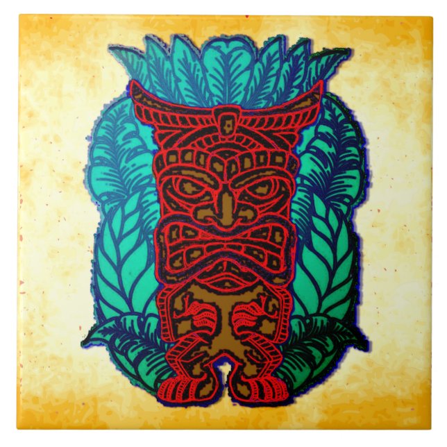 Brown Tiki on Orange Grungy Background Ceramic Tile (Front)