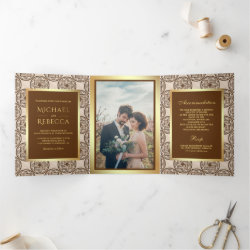 Brown Tiles Pattern Faux Gold Foil Photo Wedding Tri-Fold Invitation