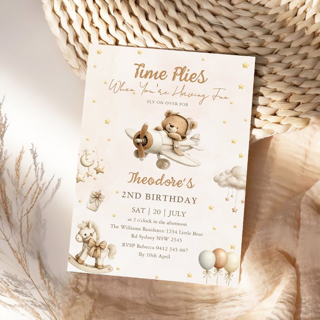 Brown Time Flies Airplane Teddy Bear Birthday Invitation (Creator Uploaded)