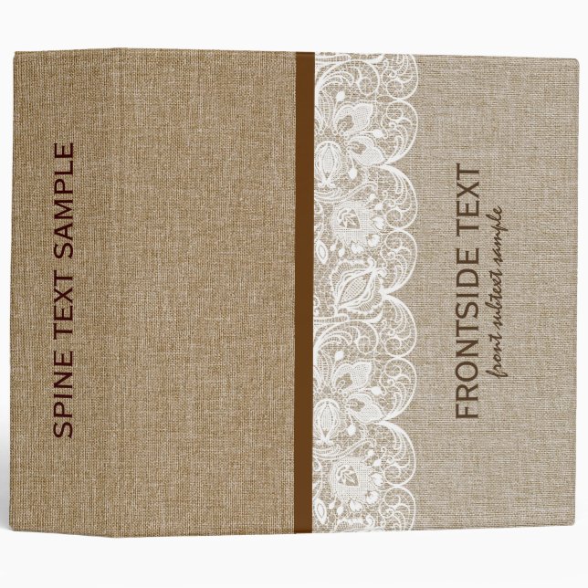 Brown Tones Faux Linen Burlap White Lace Binder (Front/Spine)