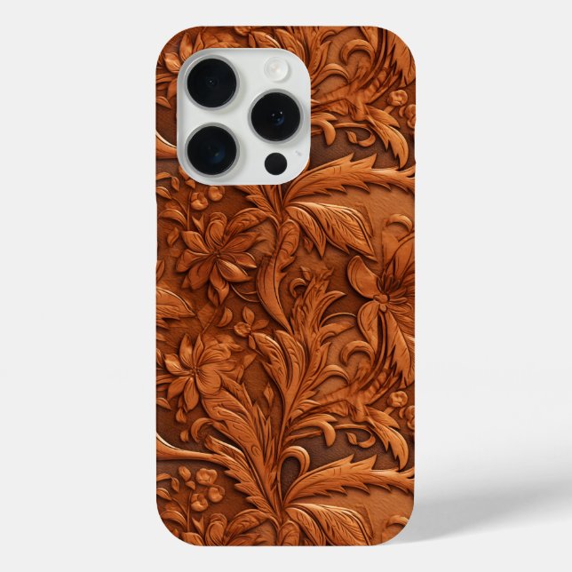 Brown tooled 3-D leather floral pattern Case-Mate iPhone Case (Back)