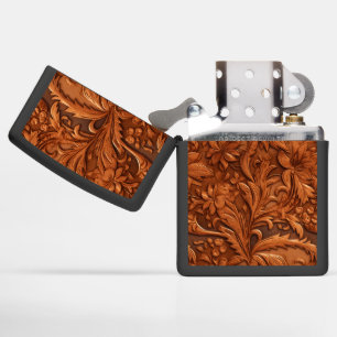 Brown tooled 3-D leather floral pattern Zippo Lighter