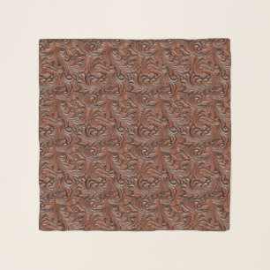 Brown tooled embossed leather floral cowgirl scarf