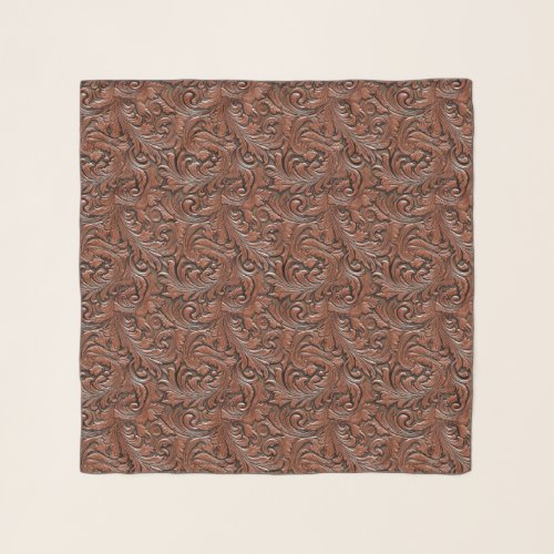 Brown tooled embossed leather floral cowgirl scarf