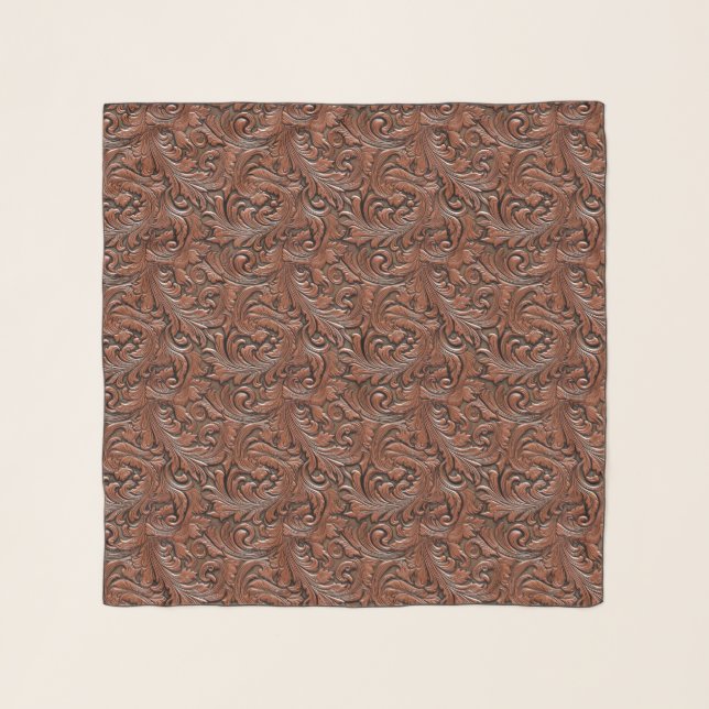 Brown tooled embossed leather floral cowgirl scarf (Front)