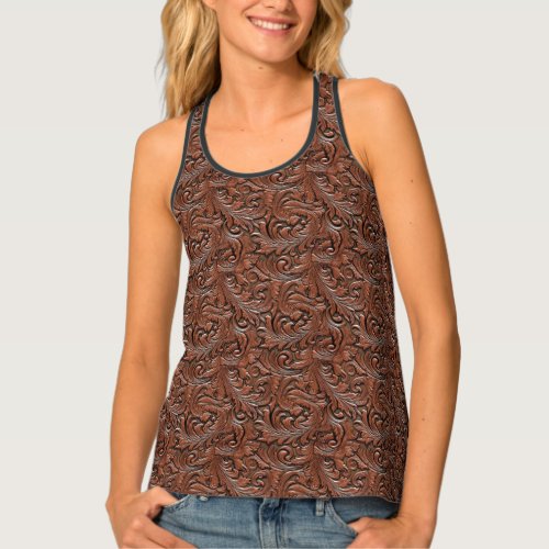Brown tooled embossed leather floral cowgirl tank top