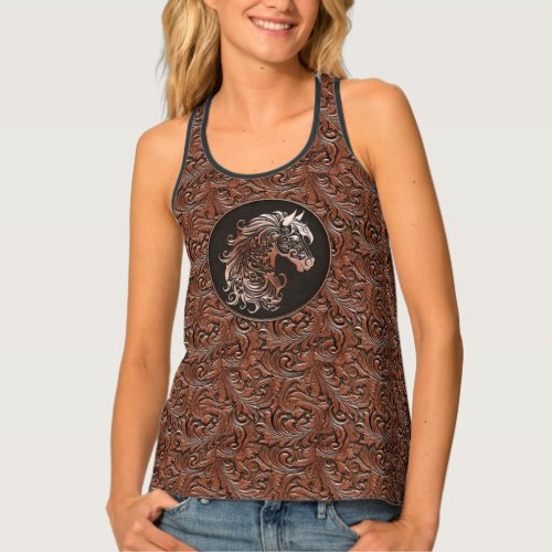 Brown tooled embossed leather horse cowgirl tank top