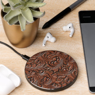 Brown tooled embossed leather western cowboy wireless charger
