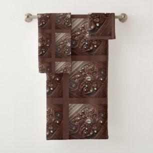 Brown Tooled Faux Leather and Diamond Bath Towel Set