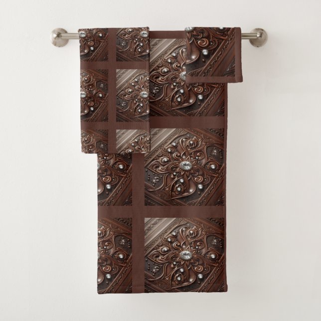 Brown Tooled Faux Leather and Diamond Bath Towel Set (Insitu)
