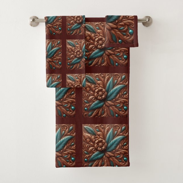 Brown Tooled Faux Leather and Teal Feathers Bath Towel Set (Insitu)
