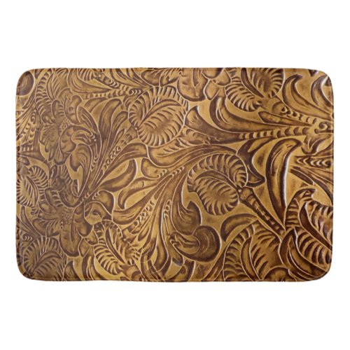 Brown Tooled Faux Leather  Bath Mat