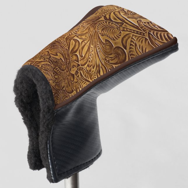 Brown Tooled Faux Leather  Golf Head Cover (3/4 Front)