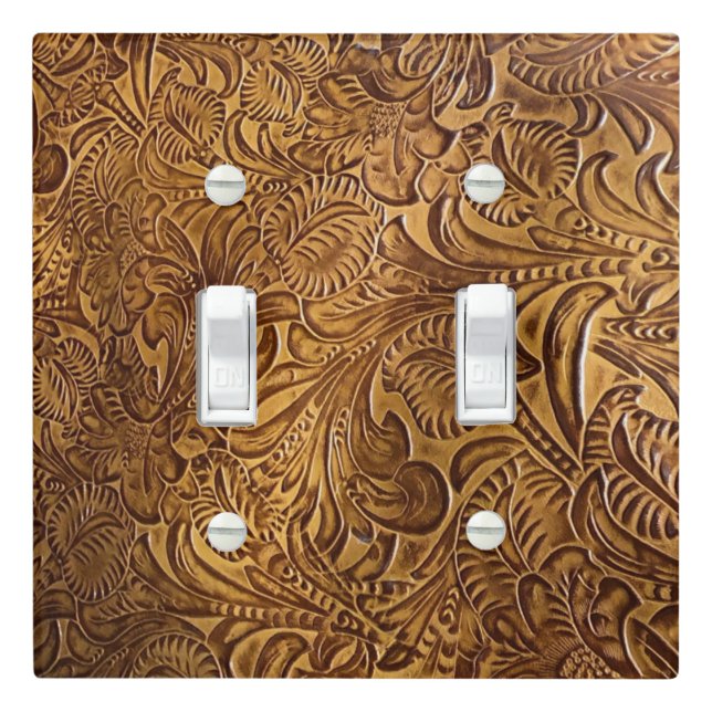 Brown Tooled Faux Leather  Light Switch Cover (In Situ)