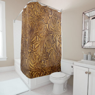 Brown Tooled Faux Leather Shower Curtain