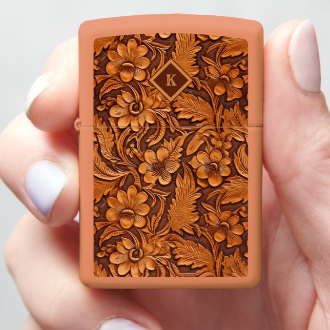 Brown Tooled floral pattern leather monogram Zippo Lighter (In Hand)