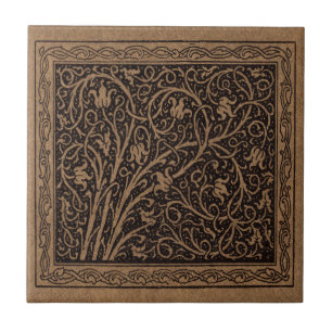 Brown Tooled Leather Art Nouveau Floral Ceramic Tile