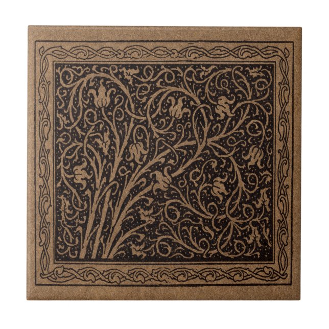 Brown Tooled Leather Art Nouveau Floral Ceramic Tile (Front)