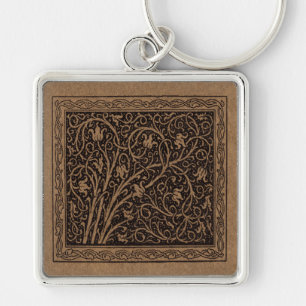 Brown Tooled Leather Art Nouveau Floral Keychain