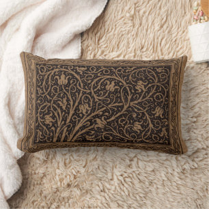 Brown Tooled Leather Art Nouveau Floral Lumbar Pillow