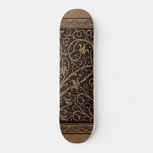 Brown Tooled Leather Art Nouveau Floral Skateboard Deck (Front)