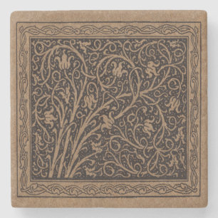 Brown Tooled Leather Art Nouveau Floral Stone Coaster