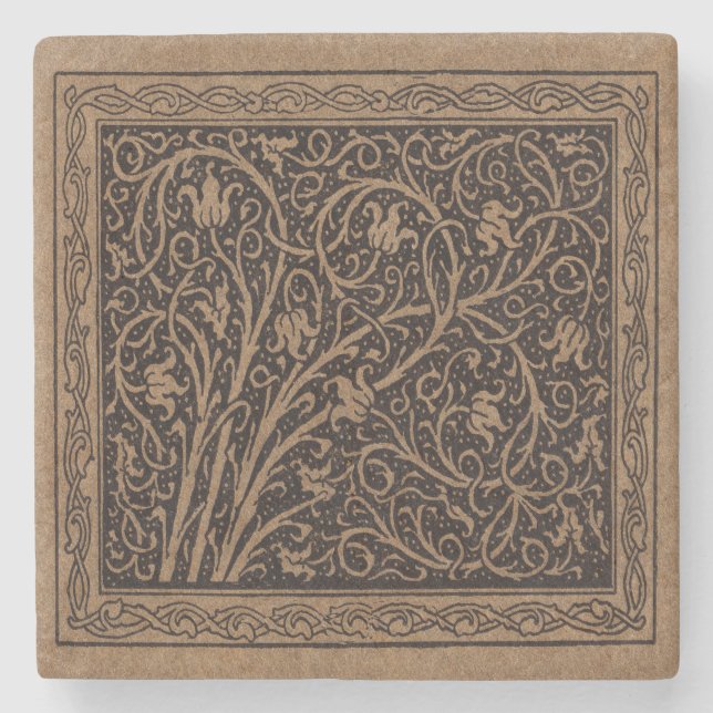 Brown Tooled Leather Art Nouveau Floral Stone Coaster (Front)
