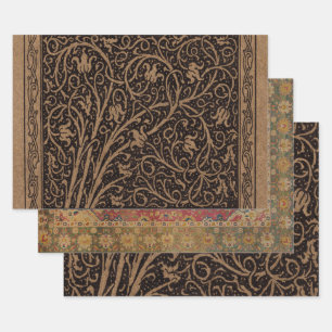 Brown Tooled Leather Art Nouveau Floral Wrapping Paper Sheets