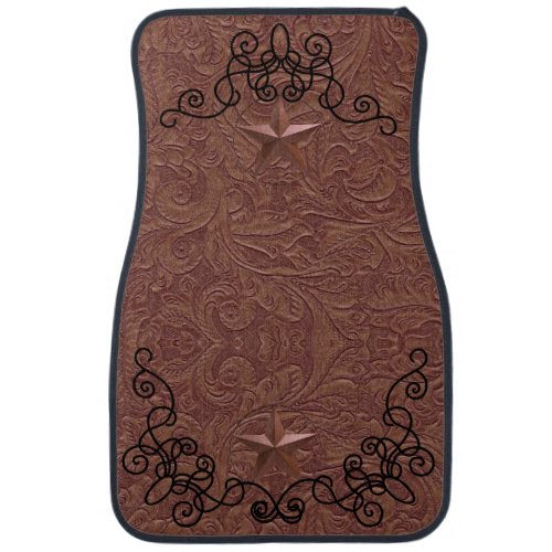 Brown Tooled Leather Black Scroll Stars on Car Floor Mat