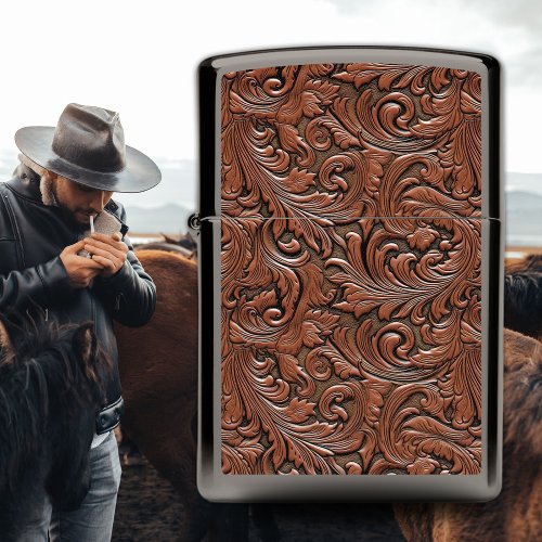 Brown tooled leather floral western country zippo lighter