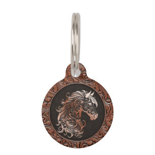 Brown tooled leather horse head horse barn pet ID tag