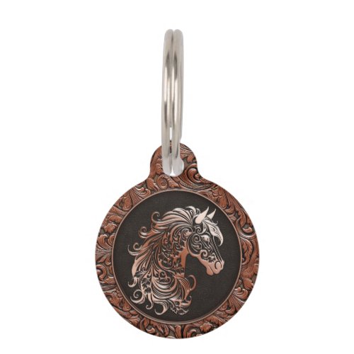 Brown tooled leather horse head horse barn pet ID tag