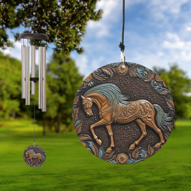 Brown Tooled Leather Horse Two Wind Chime (Outdoor)