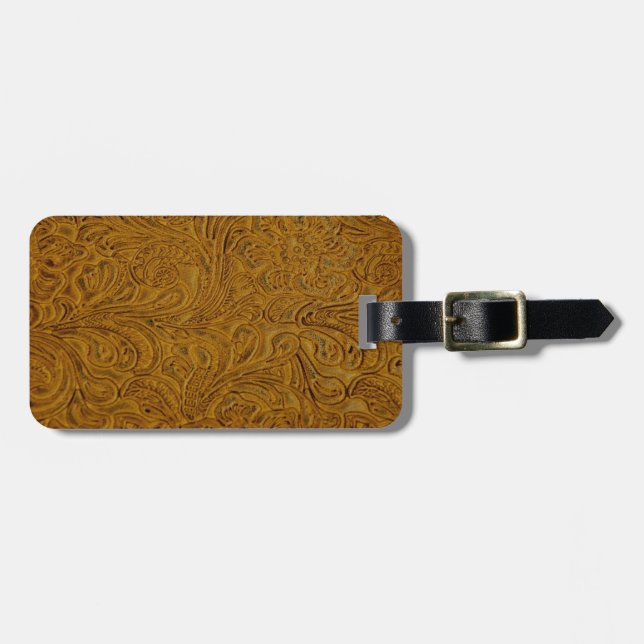 Brown Tooled Leather Look Luggage Tag (Front Horizontal)