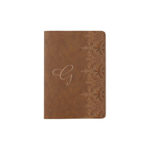 Brown Tooled Leather Look Monogrammed Passport Holder