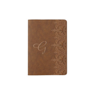 Brown Tooled Leather Look Monogrammed Passport Holder
