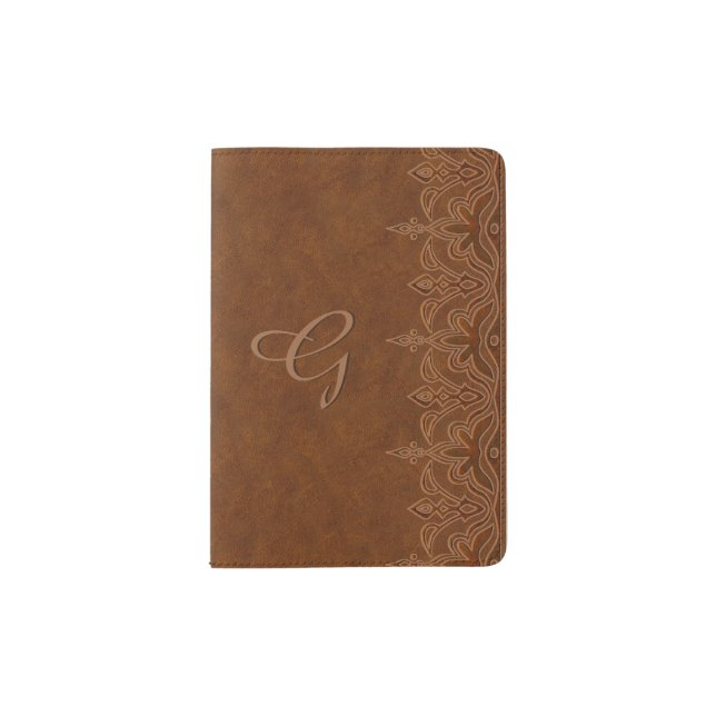Brown Tooled Leather Look Monogrammed Passport Holder (Front)