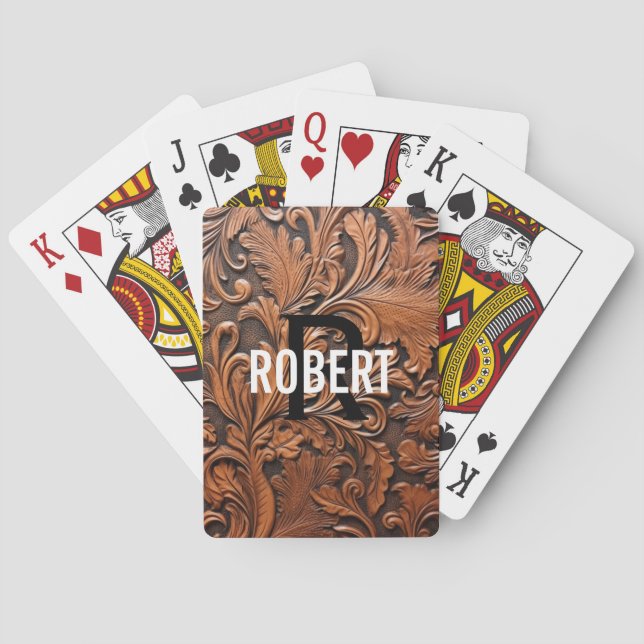Brown tooled leather monogram name  poker cards (Back)