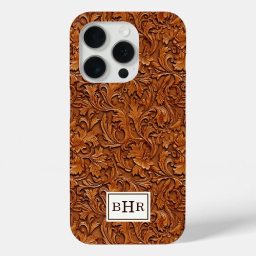 Brown Tooled Leather Monogrammed iPhone 15 Pro Case
