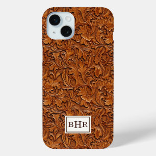 Brown Tooled Leather Monogrammed iPhone 15 Plus Case