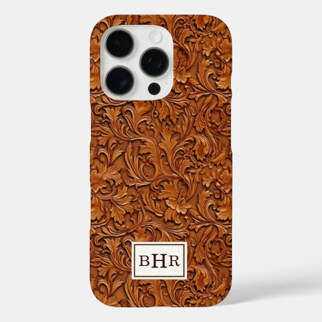 Brown Tooled Leather Monogrammed Case-Mate iPhone Case (Back)