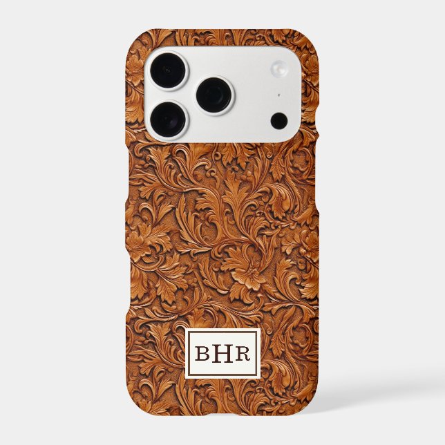 Brown Tooled Leather Monogrammed Case-Mate iPhone Case (Back)