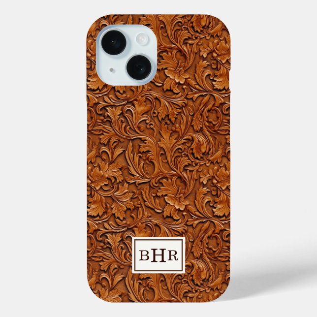Brown Tooled Leather Monogrammed Case-Mate iPhone Case (Back)