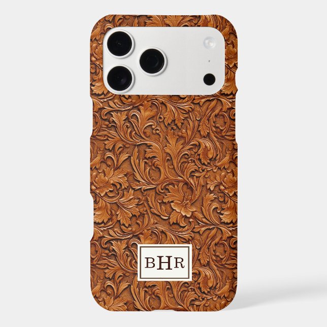 Brown Tooled Leather Monogrammed Case-Mate iPhone Case (Back)