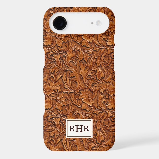 Brown Tooled Leather Monogrammed Case-Mate iPhone Case (Back)