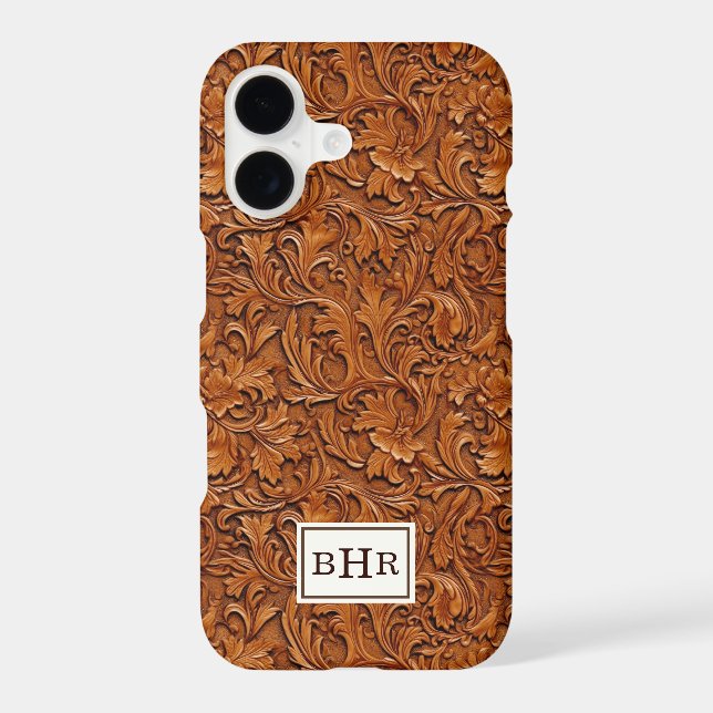 Brown Tooled Leather Monogrammed Case-Mate iPhone Case (Back)