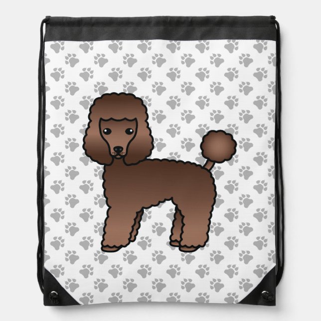 Brown Toy Poodle Cute Cartoon Dog & Paws Drawstring Bag (Front)