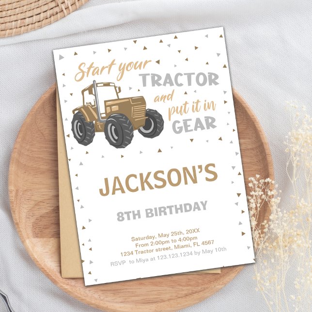 Brown Tractor Birthday Invitations