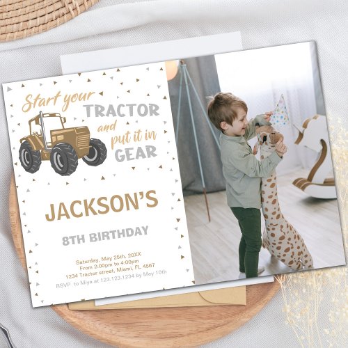 Brown Tractor Birthday Invitations with photo
