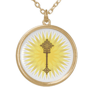 Brown Traditional Ethiopian Cross Design Gold Plated Necklace